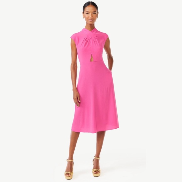 🆕 Twist Neck Midi “Pretty in Pink” Dress with Pockets & Bow Size M - Picture 2 of 5